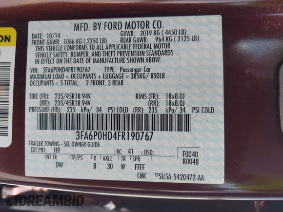 2015 Ford Fusion SE with VIN 3FA6P0HD4FR190767, listed as a IAAI auction lot 42671739 with 59,114 mi miles and . Bid and sale history available at DreamBid. Image 9.