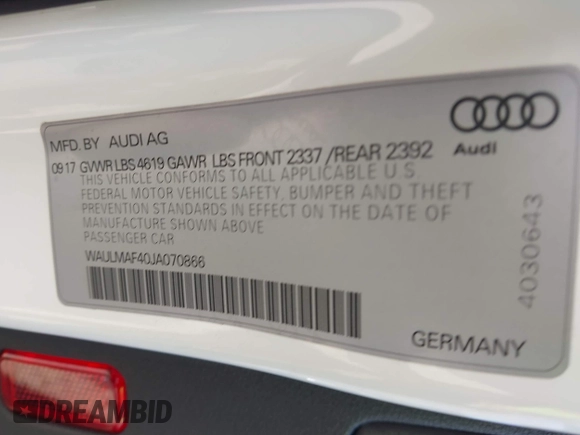 2018 Audi A4 Premium Plus with VIN WAULMAF40JA070866, listed as a IAAI auction lot 41652873 with 67,905 mi miles. Bid and sale history available at carsss.com. Image 9.