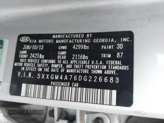 2013 Kia Optima LX z VIN 5XXGM4A76DG226683, wystawiony jako IAAI lot #42242322 z przebiegiem 194 059 mil mil oraz . Historia ofert i sprzedaży dostępna na DreamBid. Obrazek 9.