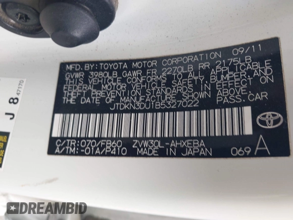 2011 Toyota Prius I with VIN JTDKN3DU1B5327022, listed as a IAAI auction lot 42023631 with 255,638 mi miles and . Bid and sale history available at DreamBid. Image 9.