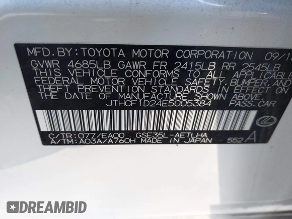 2014 Lexus IS 250 with VIN JTHCF1D24E5005384, listed as a IAAI auction lot 42280119 with 210,221 mi miles and . Bid and sale history available at DreamBid. Image 9.