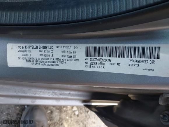 2014 Dodge Avenger SE with VIN 1C3CDZAB5EN214342, listed as a IAAI auction lot 41672955 with 168,701 mi miles. Bid and sale history available at carsss.com. Image 9.