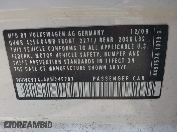 2010 Volkswagen Golf GTI with VIN WVWGV7AJ0AW245797, listed as a IAAI auction lot 42563626 with 127,932 mi miles and . Bid and sale history available at DreamBid. Image 9.