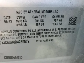 2013 Chevrolet Sonic LT with VIN 1G1JC6SH8D4230572, listed as a Copart auction lot 52034505 with 173,553 mi miles and Clean Title. Bid and sale history available at carsss.com. Image 12.