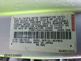 2001 Toyota ECHO with VIN JTDBT123010168350, listed as a Copart auction lot 48018345 with 215,298 mi miles and Clean title. Bid and sale history available at DreamBid. Image 12.