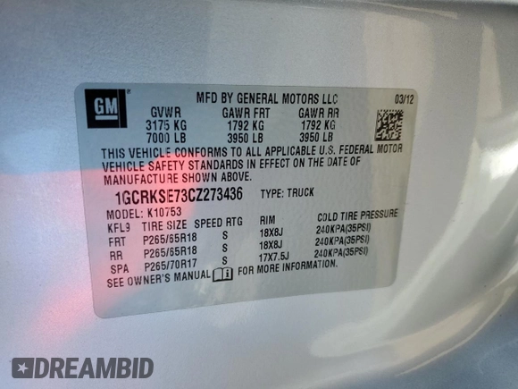 2012 Chevrolet Silverado 1500 LT with VIN 1GCRKSE73CZ273436, listed as a Copart auction lot 53454685 with 261,677 mi miles and Salvage Title. Bid and sale history available at DreamBid. Image 12.