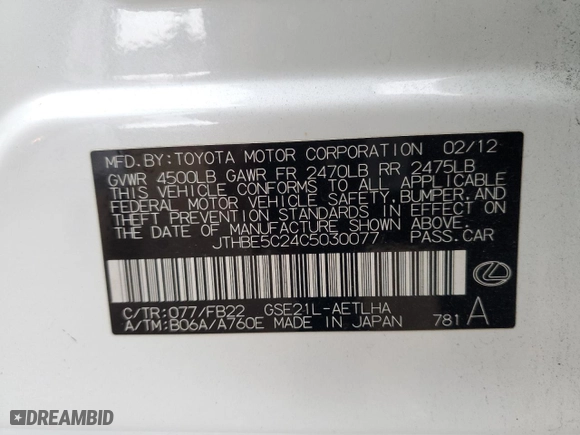 2012 Lexus IS 350 with VIN JTHBE5C24C5030077, listed as a Copart auction lot 42697385 with 195,259 mi miles and Salvage Title. Bid and sale history available at carsss.com. Image 15.