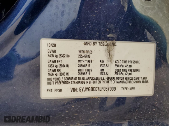 2020 Tesla Model Y Long Range z VIN 5YJYGDEE7LF057909, wystawiony jako Copart lot #50435535 z przebiegiem Nie podano mil oraz Nie do naprawy • Non repairable. Historia ofert i sprzedaży dostępna na DreamBid. Obrazek 12.