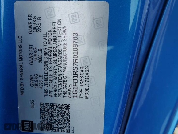 2024 Chevrolet Camaro 1LT z VIN 1G1FB1RS7R0108703, wystawiony jako Copart lot #55221005 z przebiegiem Nie podano mil oraz Nie do naprawy • Non repairable. Historia ofert i sprzedaży dostępna na DreamBid. Obrazek 12.