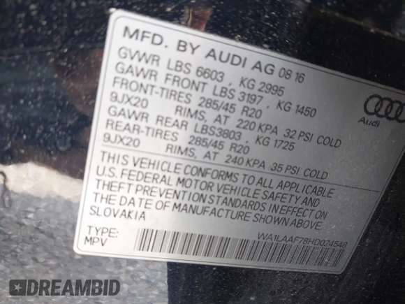 2017 Audi Q7 Premium Plus z VIN WA1LAAF78HD024548, wystawiony jako IAAI lot #42403316 z przebiegiem 105 592 mil mil oraz . Historia ofert i sprzedaży dostępna na DreamBid. Obrazek 9.