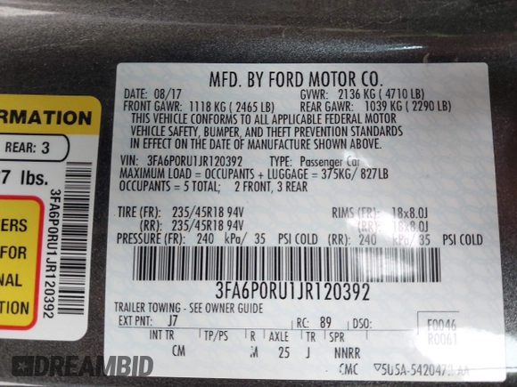 2018 Ford Fusion Titanium with VIN 3FA6P0RU1JR120392, listed as a IAAI auction lot 42145342 with Not provided miles and . Bid and sale history available at DreamBid. Image 9.