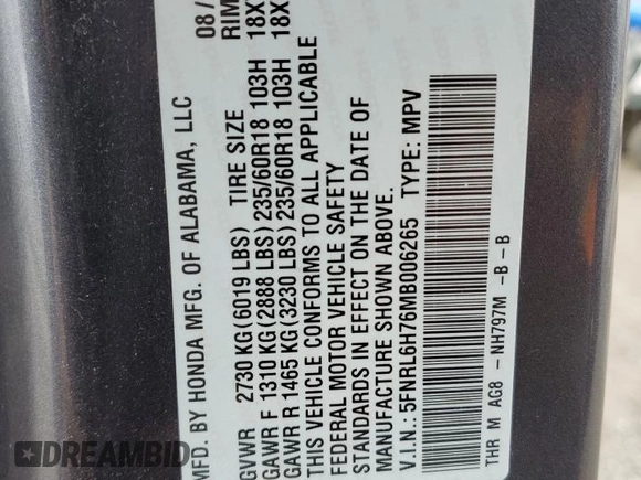 2021 Honda Odyssey EX-L with VIN 5FNRL6H76MB006265, listed as a Copart auction lot 50958395 with 60,662 mi miles and Salvage Title. Bid and sale history available at DreamBid. Image 13.