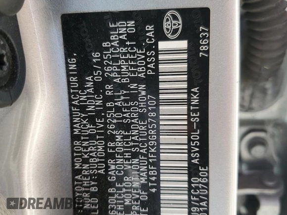 2016 Toyota Camry XLE with VIN 4T4BF1FK9GR578107, listed as a Copart auction lot 48793375 with 68,352 mi miles and Salvage Title. Bid and sale history available at carsss.com. Image 13.