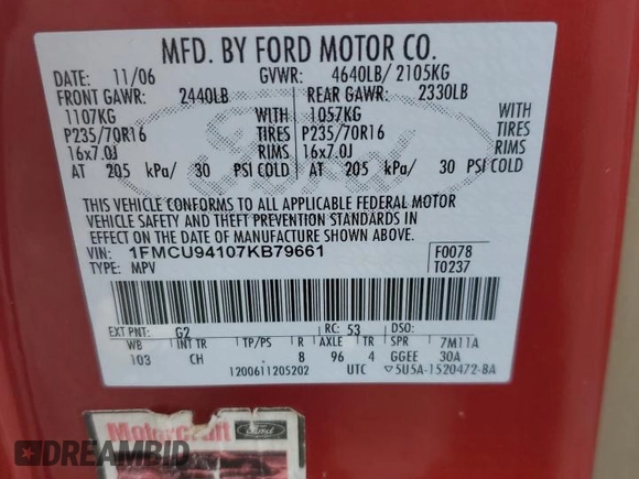 2007 Ford Escape Limited с VIN 1FMCU94107KB79661, выставлен на аукционе Copart как лот 56042895 с пробегом 211 734 миль миль и Списание • Salvage title. История ставок и продаж доступна на DreamBid. Изображение 13.