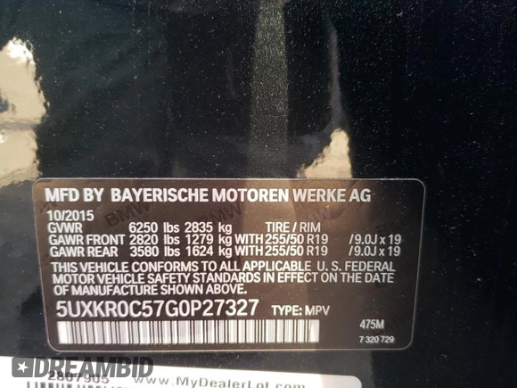 2016 BMW X5 xDrive35i with VIN 5UXKR0C57G0P27327, listed as a Copart auction lot 58706694 with 103,533 mi miles and Non Repairable. Bid and sale history available at carsss.com. Image 12.