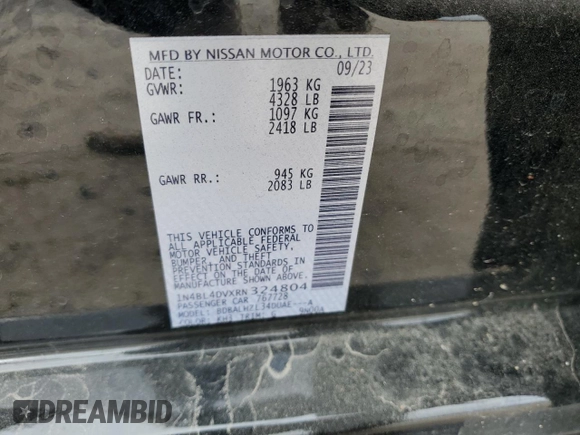 2024 Nissan Altima 2.5 SV with VIN 1N4BL4DVXRN324804, listed as a Copart auction lot 83689304 with 12,928 mi miles and Salvage Title. Bid and sale history available at carsss.com. Image 13.