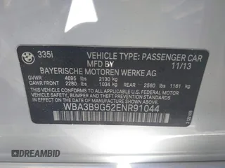 2014 BMW 3 Series 335i xDrive with VIN WBA3B9G52ENR91044, listed as a IAAI auction lot 41807408 with 200,000 mi miles and . Bid and sale history available at carsss.com. Image 9.