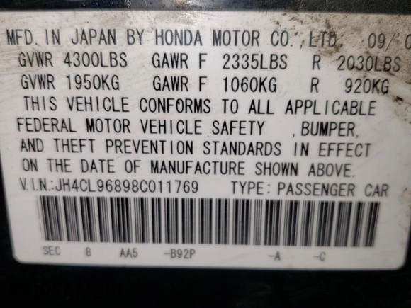 2008 Acura TSX with VIN JH4CL96898C011769, listed as a Copart auction lot 53543665 with 205,333 mi miles and Salvage title. Bid and sale history available at DreamBid. Image 12.