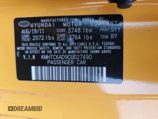 2012 Hyundai Veloster w/Black Int with VIN KMHTC6AD9CU027490, listed as a Copart auction lot 60211855 with 113,836 mi miles and Salvage title. Bid and sale history available at DreamBid. Image 13.