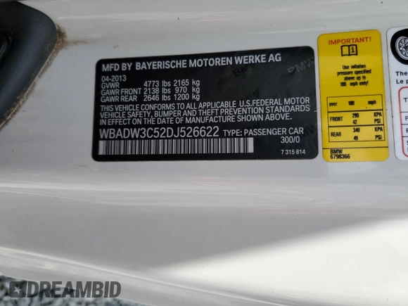 2013 BMW 3 Series 328i with VIN WBADW3C52DJ526622, listed as a Copart auction lot 61835555 with 42,342 mi miles and Salvage title. Bid and sale history available at DreamBid. Image 12.