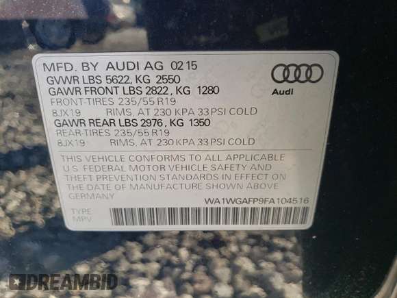 2015 Audi Q5 Prestige with VIN WA1WGAFP9FA104516, listed as a Copart auction lot 68892062 with 76,416 mi miles and . Bid and sale history available at DreamBid. Image 13.