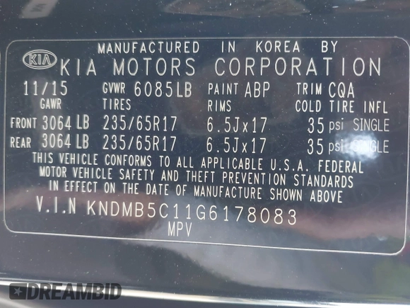 2016 Kia Sedona LX with VIN KNDMB5C11G6178083, listed as a IAAI auction lot 41405857 with 170,334 mi miles. Bid and sale history available at carsss.com. Image 9.