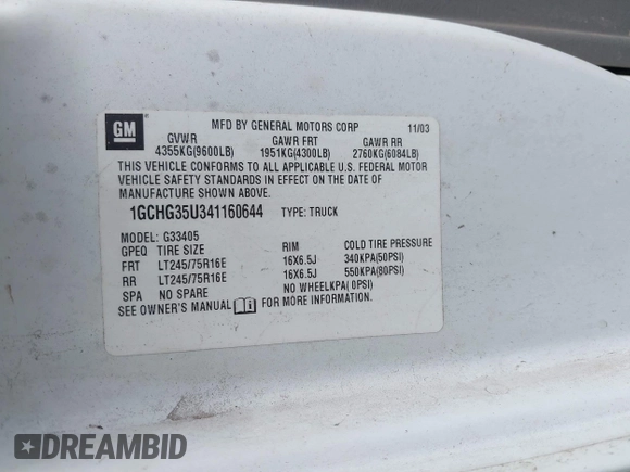 2004 Chevrolet Express Cargo z VIN 1GCHG35U341160644, wystawiony jako IAAI lot #42346089 z przebiegiem Nie podano mil oraz . Historia ofert i sprzedaży dostępna na DreamBid. Obrazek 9.