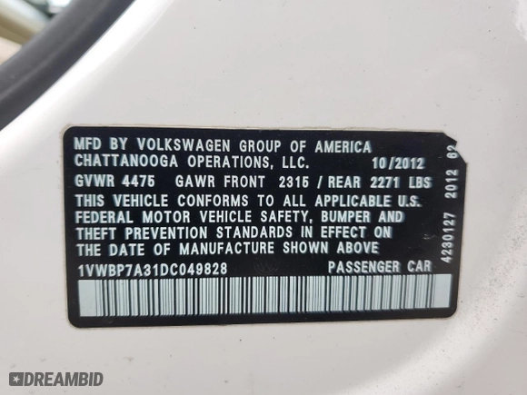 2013 Volkswagen Passat SE with VIN 1VWBP7A31DC049828, listed as a Copart auction lot 47687045 with 246,404 mi miles and Salvage Title. Bid and sale history available at carsss.com. Image 14.