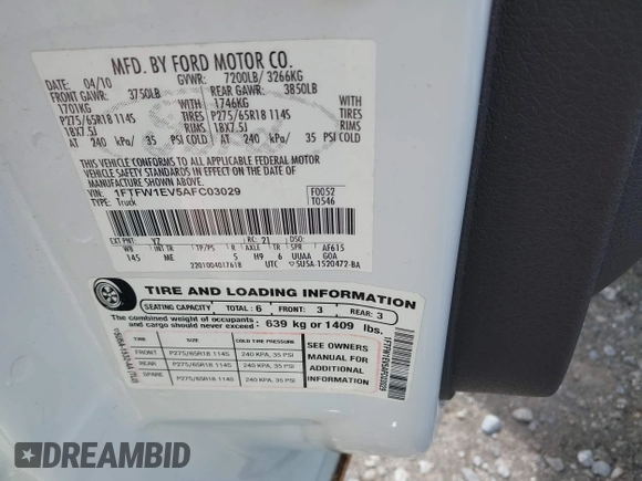 2010 Ford F-150 XL with VIN 1FTFW1EV5AFC03029, listed as a IAAI auction lot 41928629 with 256,111 mi miles. Bid and sale history available at carsss.com. Image 9.