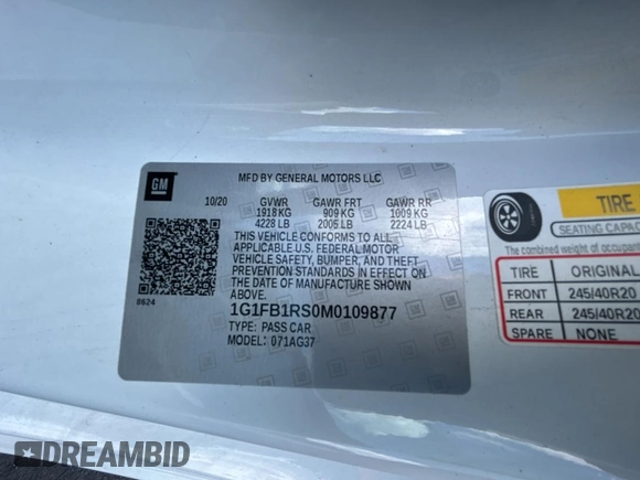 2021 Chevrolet Camaro 1LT with VIN 1G1FB1RS0M0109877, listed as a Copart auction lot 57296035 with 26,486 mi miles and Salvage title. Bid and sale history available at DreamBid. Image 10.