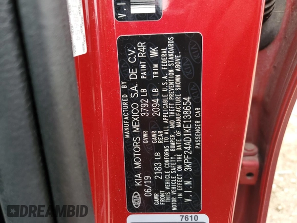 2019 Kia Forte LXS with VIN 3KPF24AD1KE138654, listed as a Copart auction lot 55245885 with 62,127 mi miles and Salvage title. Bid and sale history available at DreamBid. Image 12.
