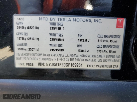 2016 Tesla Model S 90D with VIN 5YJSA1E20GF169954, listed as a Copart auction lot 61974475 with 124,560 mi miles and Salvage title. Bid and sale history available at DreamBid. Image 13.