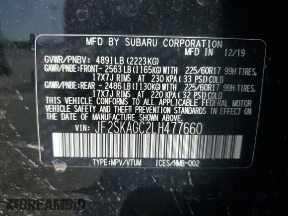2020 Subaru Forester Premium with VIN JF2SKAGC2LH477660, listed as a Copart auction lot 51802365 with 79,894 mi miles and Clean title. Bid and sale history available at DreamBid. Image 14.