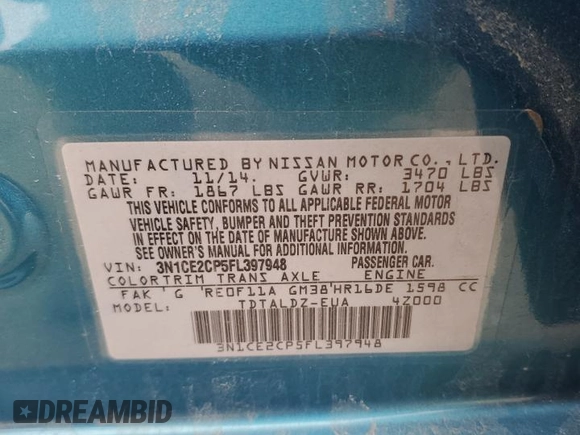 2015 Nissan Note SV with VIN 3N1CE2CP5FL397948, listed as a Copart auction lot 50078875 with 70,198 mi miles and Salvage Title. Bid and sale history available at DreamBid. Image 14.