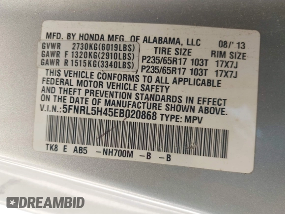 2014 Honda Odyssey EX with VIN 5FNRL5H45EB020868, listed as a IAAI auction lot 42029158 with 150,558 mi miles and . Bid and sale history available at carsss.com. Image 9.