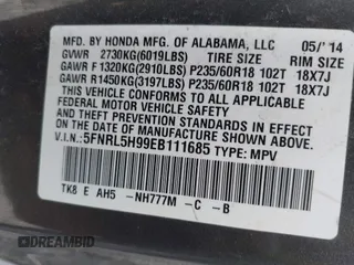 2014 Honda Odyssey Touring with VIN 5FNRL5H99EB111685, listed as a IAAI auction lot 42141227 with 183,484 mi miles and . Bid and sale history available at DreamBid. Image 9.