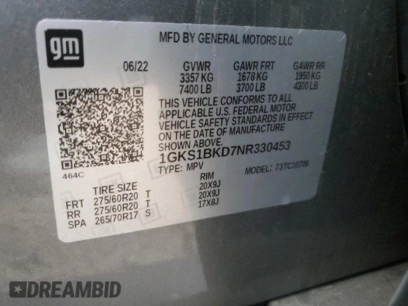 2022 GMC Yukon SLT with VIN 1GKS1BKD7NR330453, listed as a Copart auction lot 41437315 with 34,811 mi miles and Salvage Title. Bid and sale history available at carsss.com. Image 13.