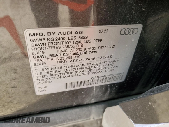 2023 Audi Q5 S line Premium with VIN WA1GAAFY8P2186992, listed as a Copart auction lot 41685755 with 10,560 mi miles and Clean Title. Bid and sale history available at carsss.com. Image 12.