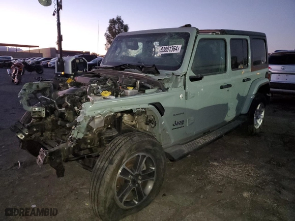 2023 Jeep Wrangler Sahara with VIN 1C4HJXEN3PW702463, listed as a Copart auction lot 83801364 with 34,756 mi miles and Clean Title. Bid and sale history available at carsss.com. Image 1.