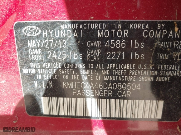 2013 Hyundai Sonata Hybrid with VIN KMHEC4A46DA080504, listed as a IAAI auction lot 42066994 with 107,888 mi miles. Bid and sale history available at carsss.com. Image 9.