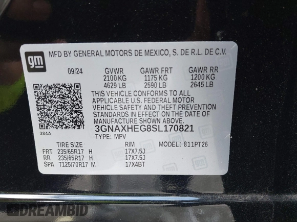 2025 Chevrolet Equinox FWD LT with VIN 3GNAXHEG8SL170821, listed as a IAAI auction lot 41946061 with 17,581 mi miles. Bid and sale history available at carsss.com. Image 9.