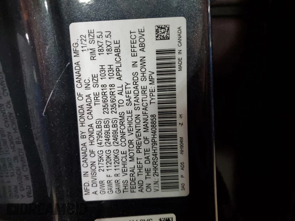 2023 Honda CR-V EX-L with VIN 2HKRS4H79PH408858, listed as a Copart auction lot 46674555 with 69,056 mi miles and Salvage Title. Bid and sale history available at carsss.com. Image 14.