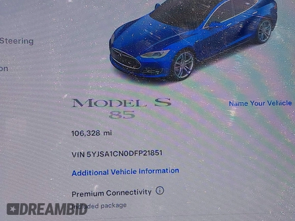 2013 Tesla Model S with VIN 5YJSA1CN0DFP21851, listed as a IAAI auction lot 42557791 with 106,328 mi miles and . Bid and sale history available at DreamBid. Image 7.