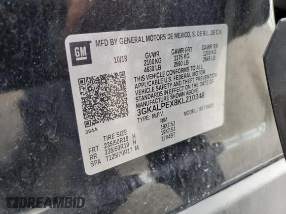 2019 GMC Terrain SLT with VIN 3GKALPEX8KL210348, listed as a Copart auction lot 54654125 with 80,538 mi miles and Salvage Title. Bid and sale history available at carsss.com. Image 13.