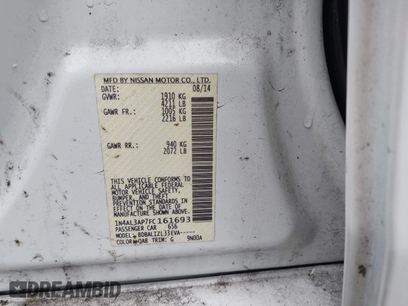 2015 Nissan Altima S with VIN 1N4AL3AP7FC161693, listed as a IAAI auction lot 41554546 with 90,622 mi miles and . Bid and sale history available at DreamBid. Image 9.