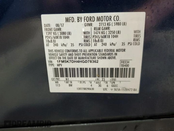 2017 Ford Explorer XLT with VIN 1FM5K7DH4HGD78362, listed as a Copart auction lot 51101545 with 127,091 mi miles and Salvage Title. Bid and sale history available at DreamBid. Image 14.