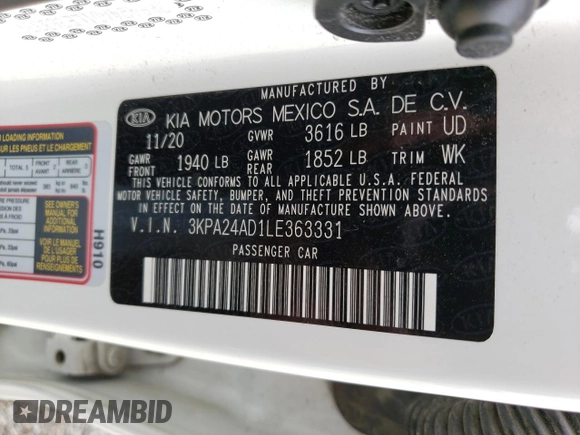 2020 Kia Rio LX with VIN 3KPA24AD1LE363331, listed as a Copart auction lot 66806484 with 36,537 mi miles and Salvage Title. Bid and sale history available at carsss.com. Image 12.