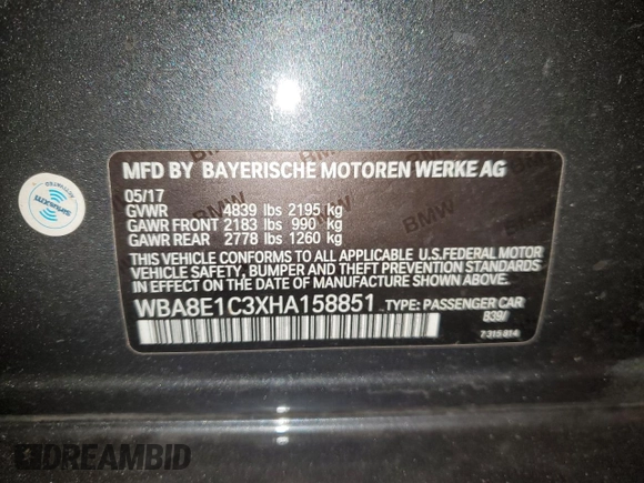 2017 BMW 3 Series 330e iPerformance with VIN WBA8E1C3XHA158851, listed as a Copart auction lot 85889824 with 135,625 mi miles and Salvage Title. Bid and sale history available at carsss.com. Image 13.