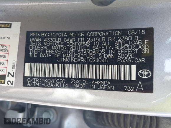 2019 Toyota C-HR XLE with VIN JTNKHMBX9K1024048, listed as a IAAI auction lot 41775374 with 38,909 mi miles. Bid and sale history available at carsss.com. Image 9.