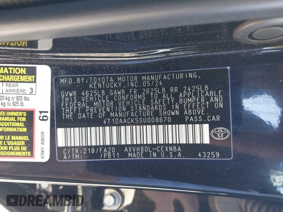 2025 Toyota Camry LE with VIN 4T1DAACK5SU008670, listed as a IAAI auction lot 41821572 with 131,475 mi miles and . Bid and sale history available at DreamBid. Image 9.